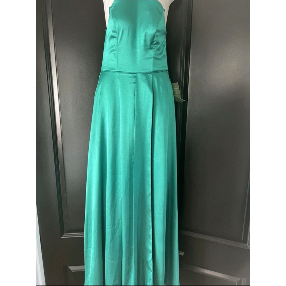 My Michelle Teal Satin Formal Gown – Strappy Back & Side Slit - Picture 4 of 6